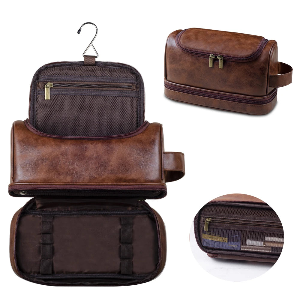 Grande Trousse de Toilette Voyage Cuir Marron Double Fermeture avec Poignée