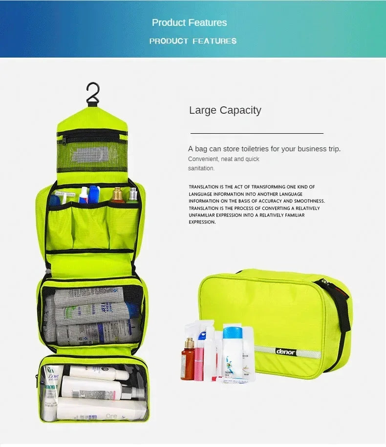 Grande Trousse de Toilette à Suspendre en Tissu Vert avec 3 Compartiments