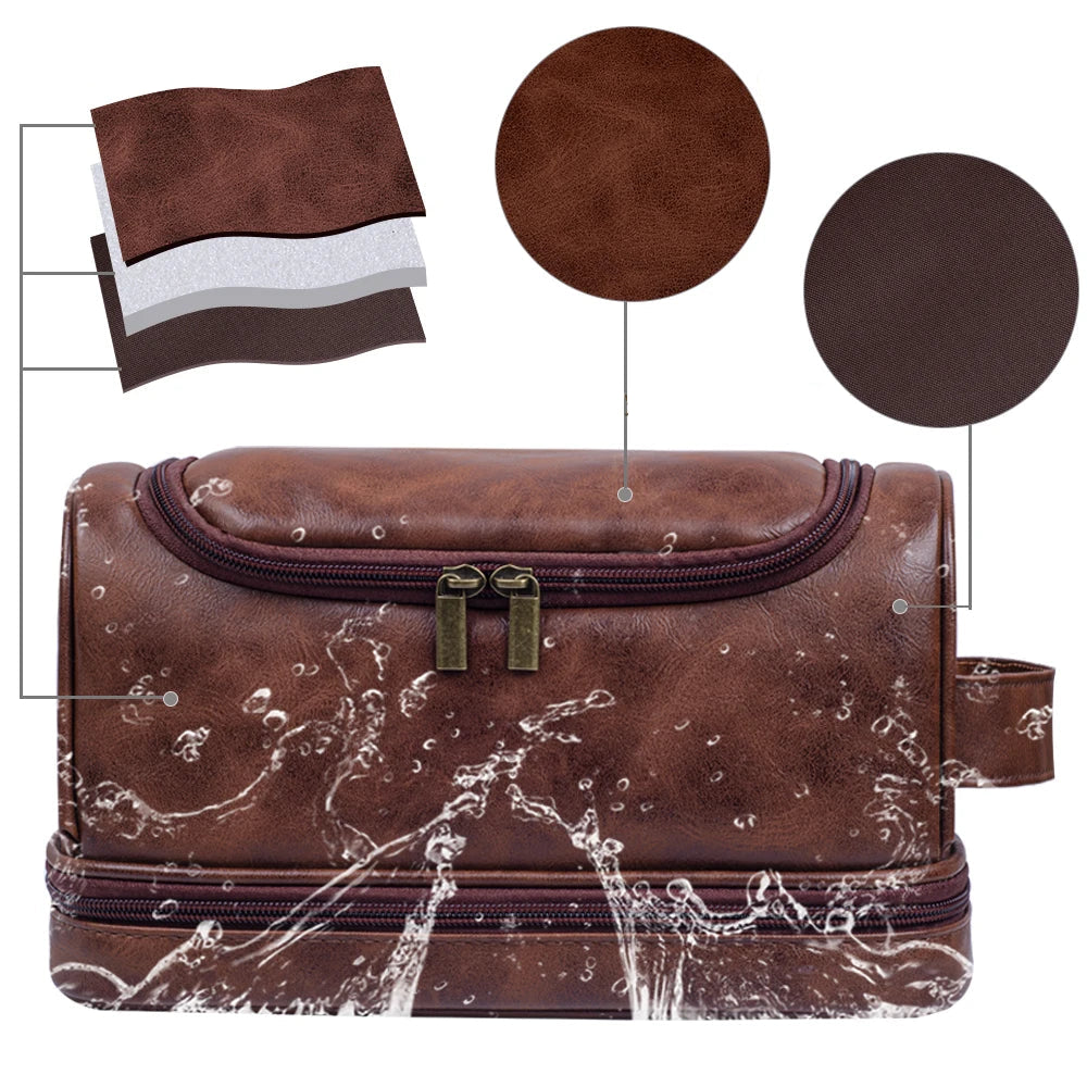 Grande Trousse de Toilette Voyage Cuir Marron Double Fermeture avec Poignée