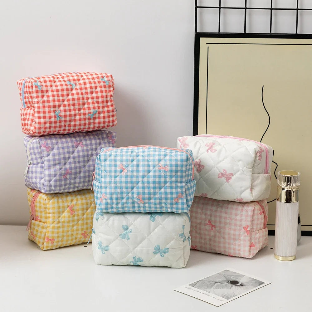Trousse de Toilette Voyage en Tissu Beige à Carreaux avec Zip Bleu