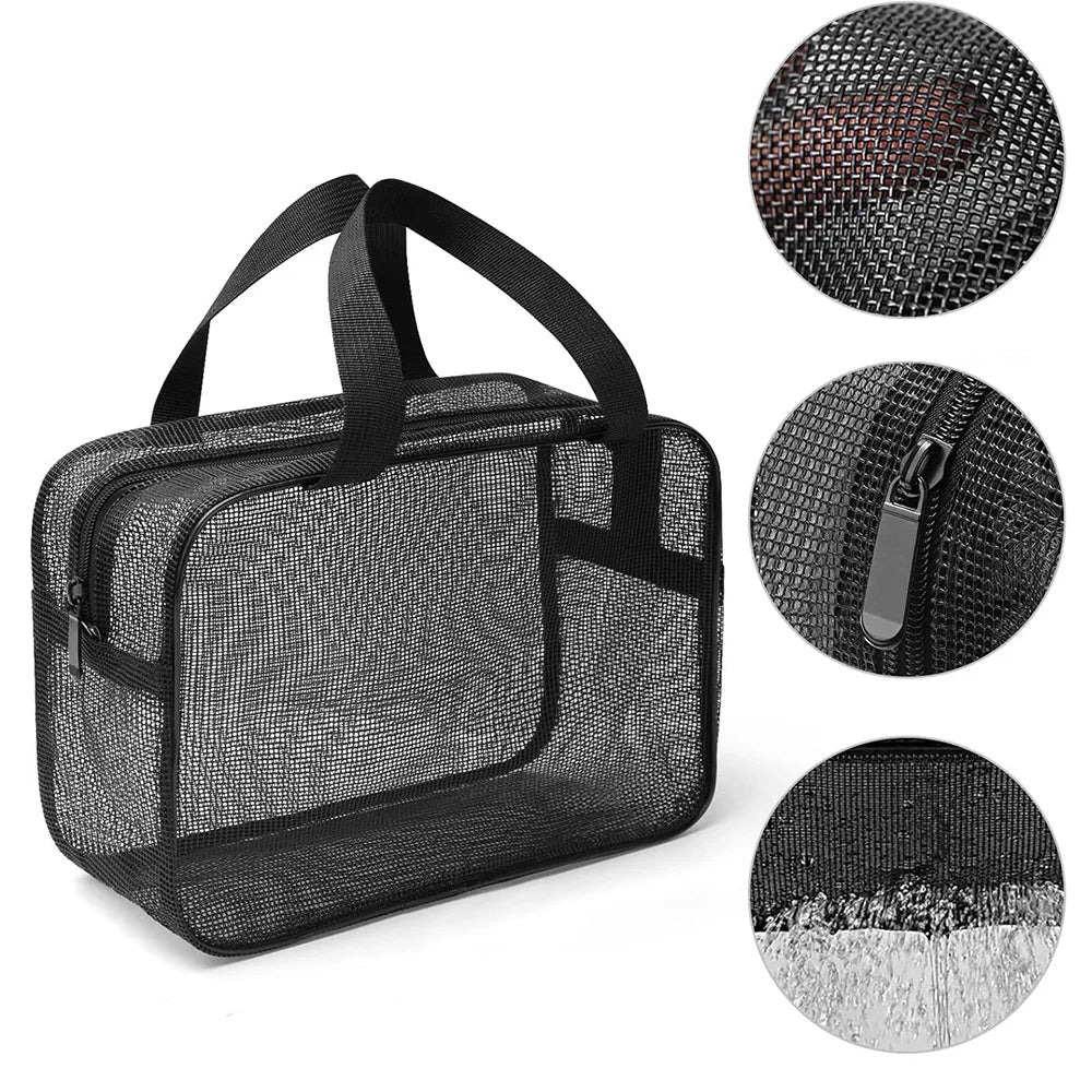 Grande Trousse de Toilette Voyage en Mesh Noir avec Poignée