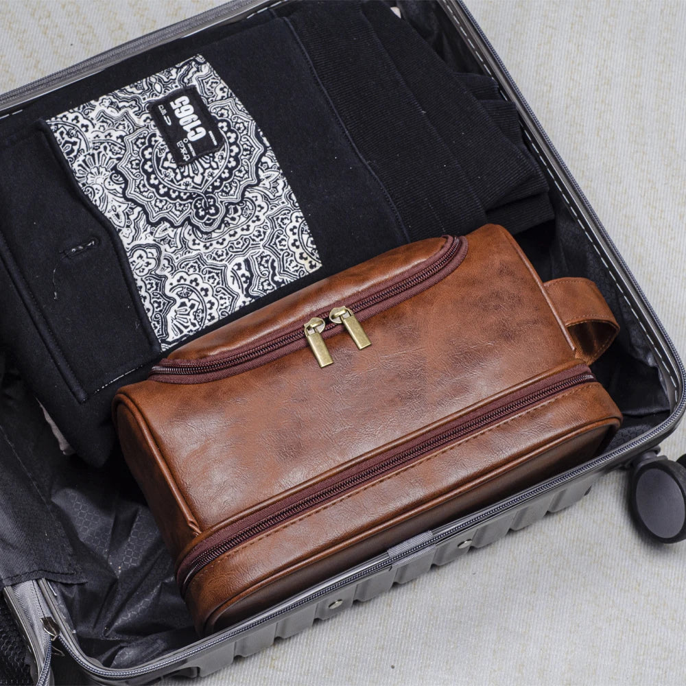 Grande Trousse de Toilette Voyage Cuir Noir avec 2 Compartiments