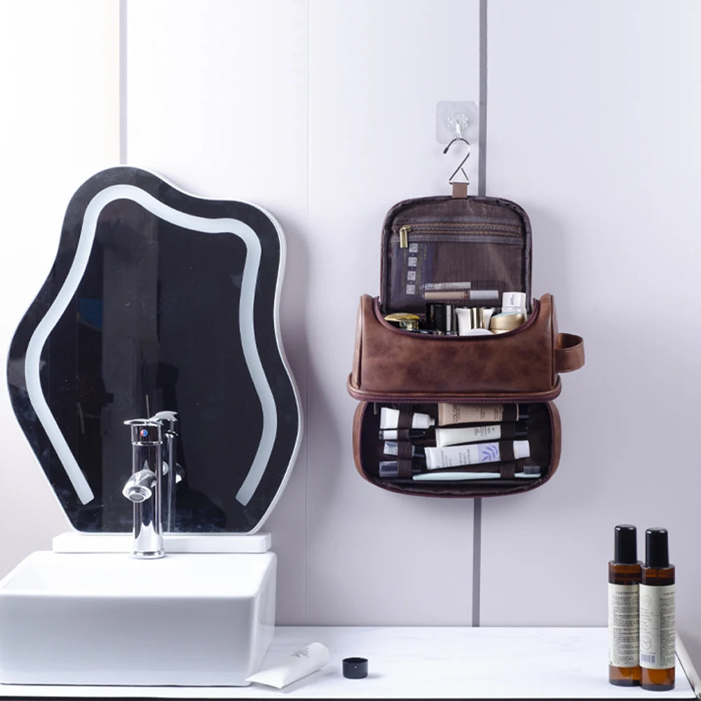 Grande Trousse de Toilette Voyage Cuir Marron Double Fermeture avec Poignée