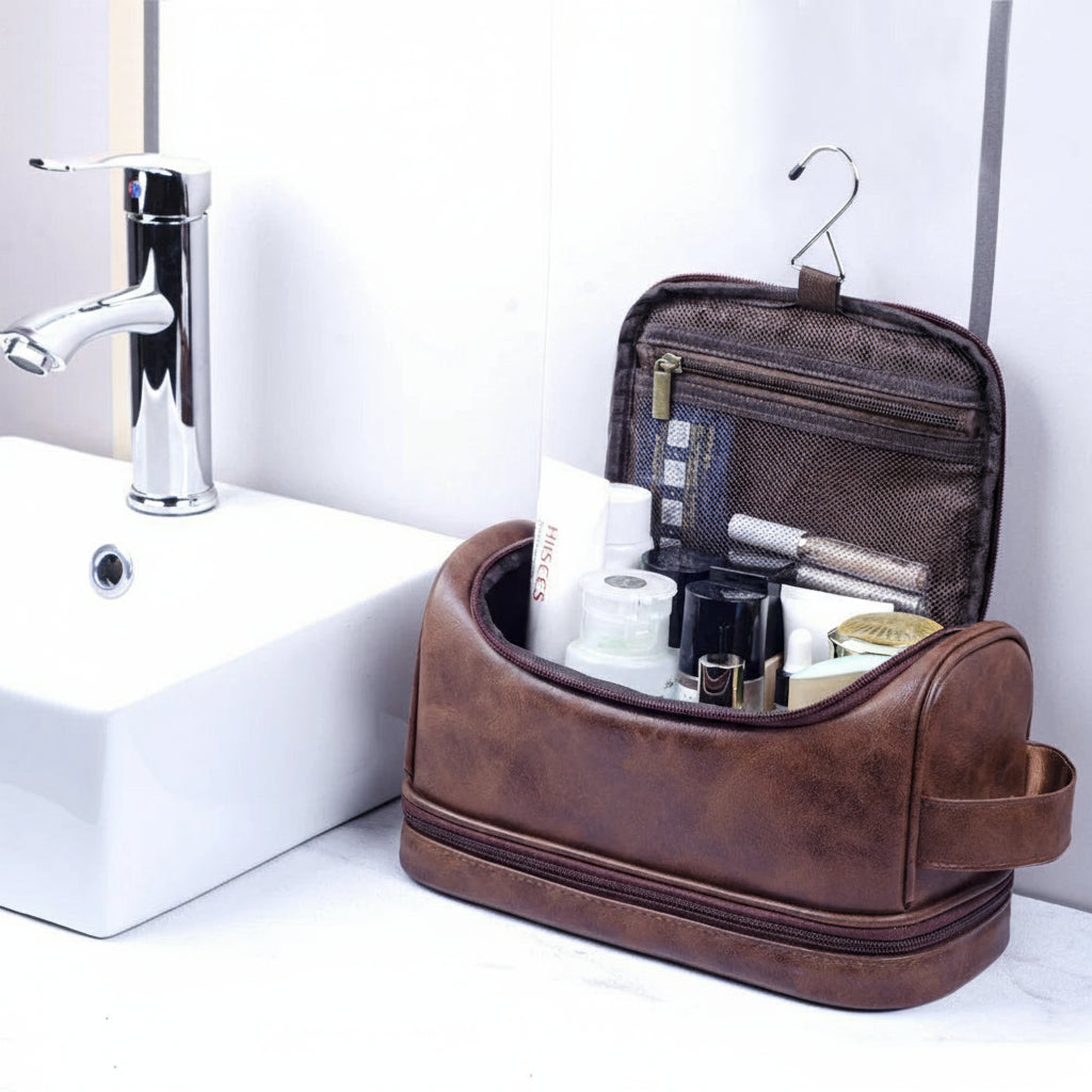Grande Trousse de Toilette Voyage Cuir Noir avec 2 Compartiments