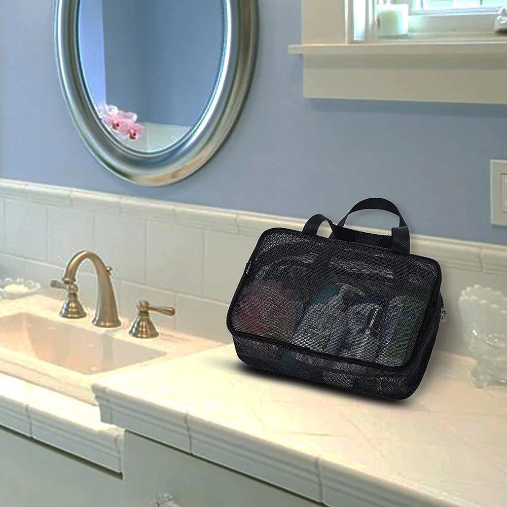 Grande Trousse de Toilette Voyage en Mesh Noir avec Poignée