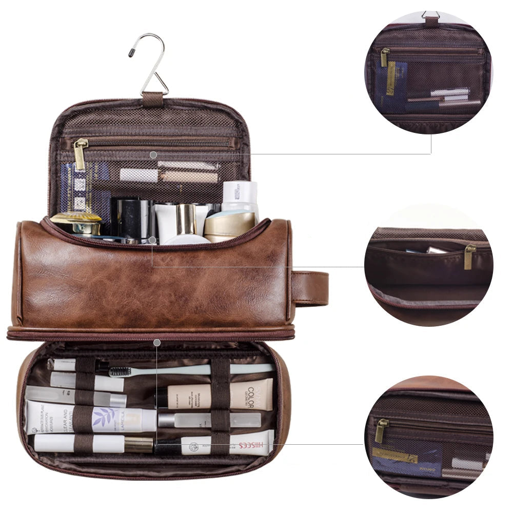 Grande Trousse de Toilette Voyage Cuir Marron Double Fermeture avec Poignée