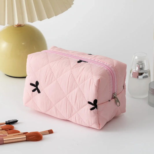 Trousse de Toilette Voyage en Tissu Rose Matelassé Simple Zip