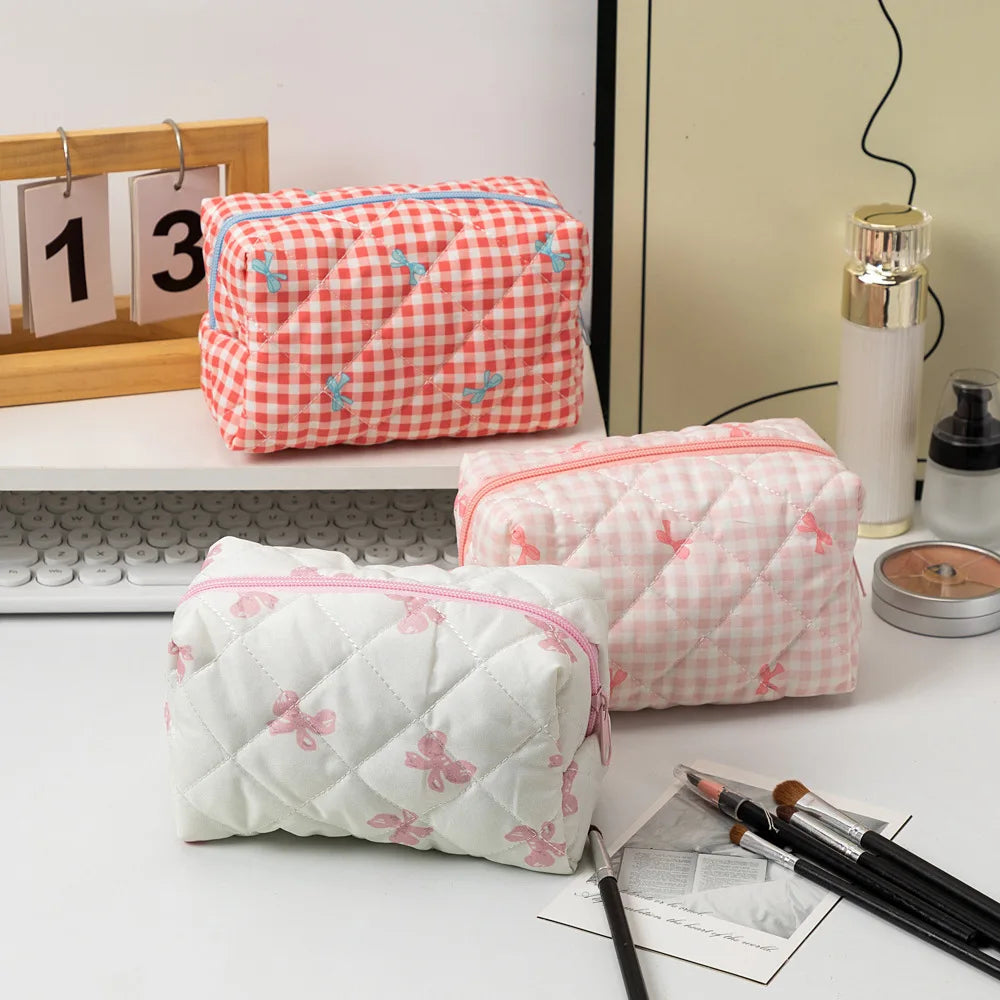 Trousse de Toilette Voyage en Tissu Beige à Carreaux avec Zip Bleu