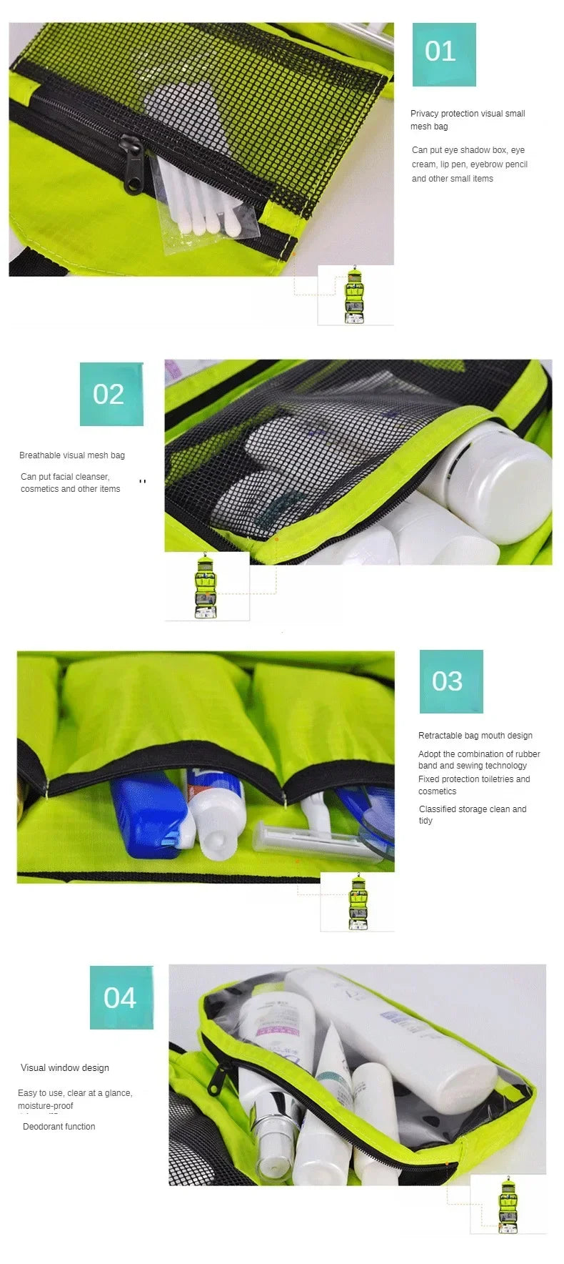 Grande Trousse de Toilette à Suspendre en Tissu Vert avec 3 Compartiments