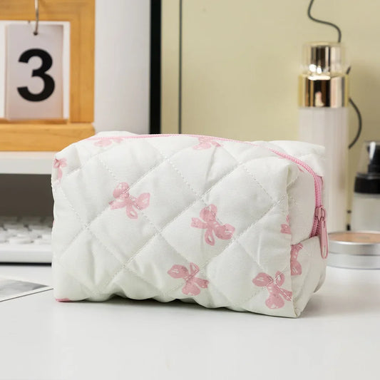 Trousse de Toilette Compacte en Coton Beige avec Zip Rose