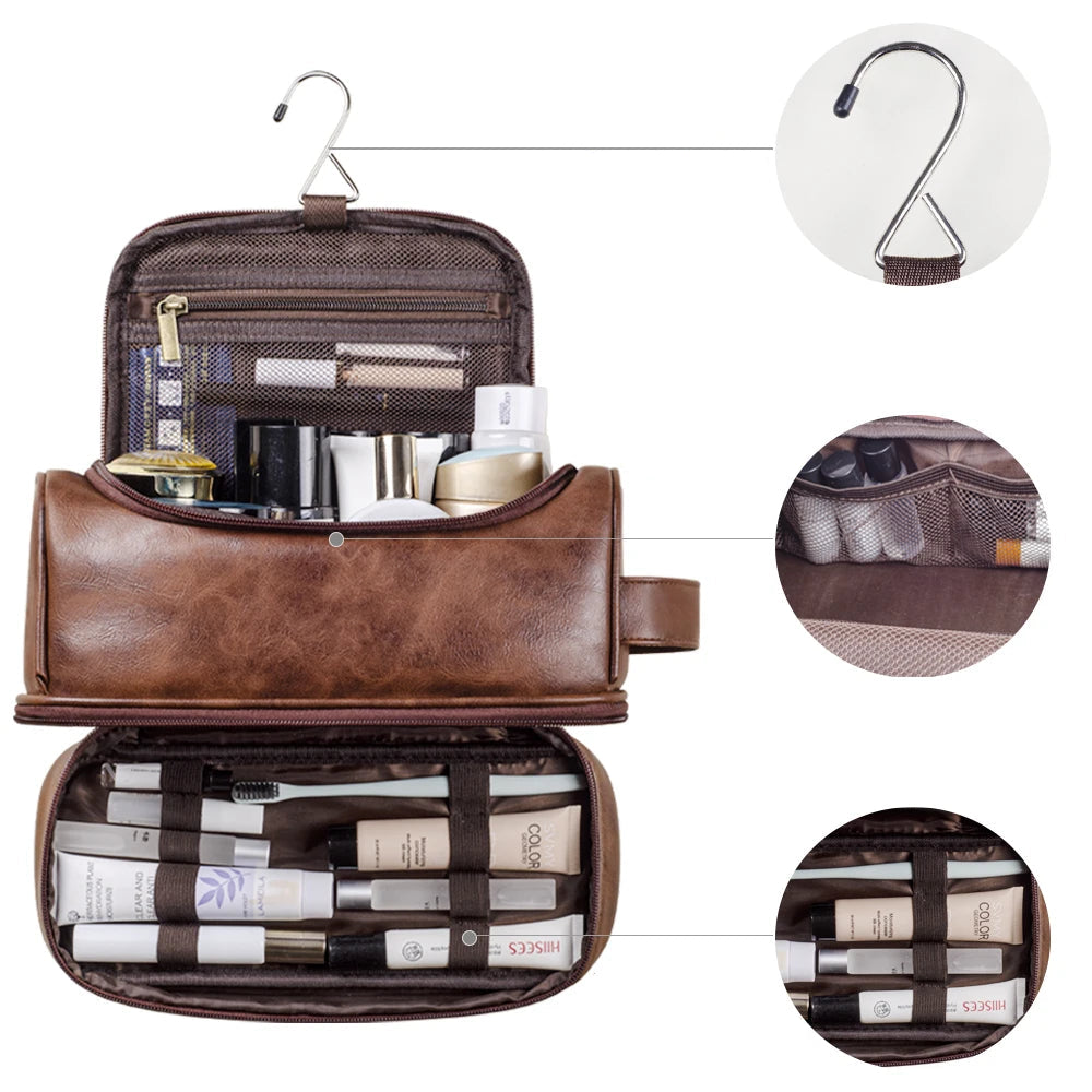 Grande Trousse de Toilette Voyage Cuir Noir avec 2 Compartiments