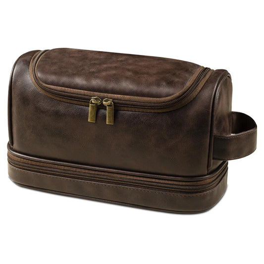 Grande Trousse de Toilette Voyage Cuir Marron Double Fermeture avec Poignée