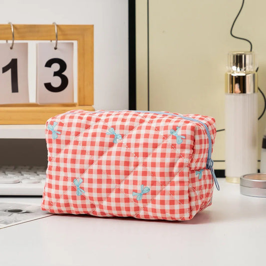 Trousse de Toilette Voyage en Tissu Beige à Carreaux avec Zip Bleu