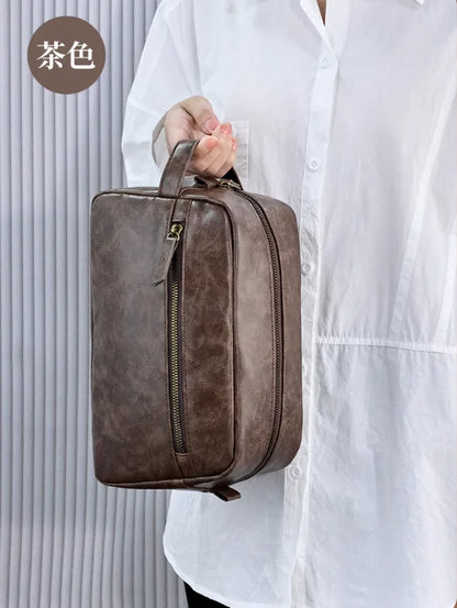 Grande Trousse de Toilette Voyage Cuir Brun avec Poignée