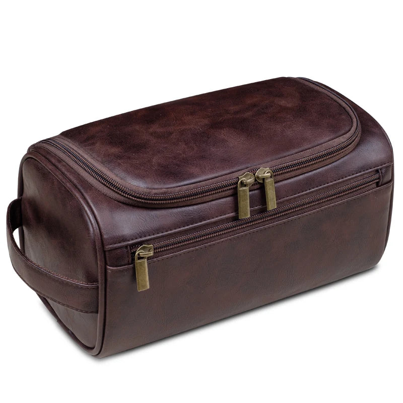 Grande Trousse de Toilette Voyage Cuir Marron avec Poignée et Zip Double