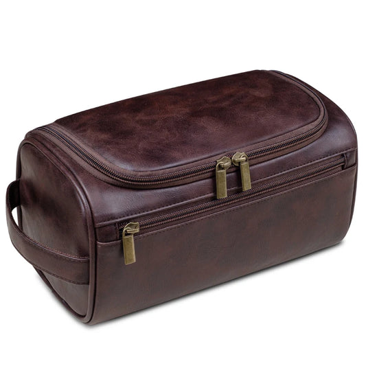 Grande Trousse de Toilette Voyage Cuir Marron avec Poignée et Zip Double