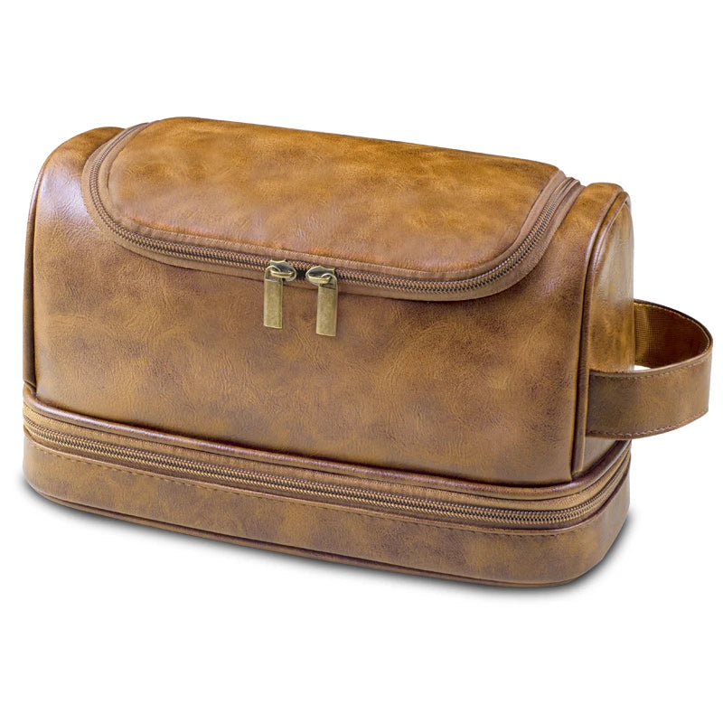 Grande Trousse de Toilette Voyage Cuir Marron Double Fermeture