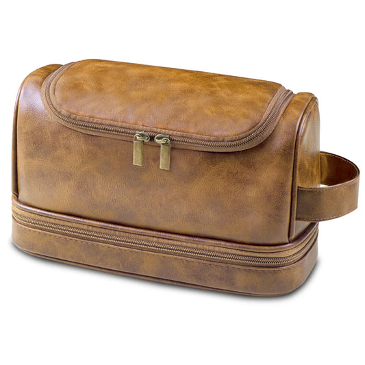 Grande Trousse de Toilette Voyage Cuir Marron Double Fermeture
