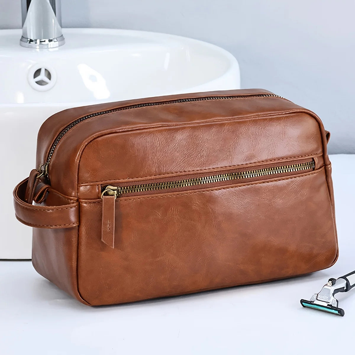 Grande Trousse de Toilette Voyage Cuir Marron Clair avec Poignée