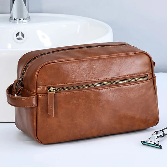 Grande Trousse de Toilette Voyage Cuir Marron Clair avec Poignée