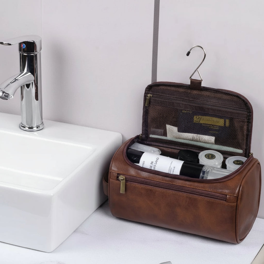 Grande Trousse de Toilette Voyage Cuir Marron avec Poignée