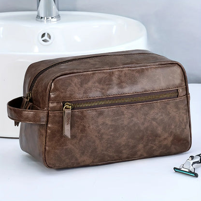 Grande Trousse de Toilette Voyage Cuir Brun avec Poignée