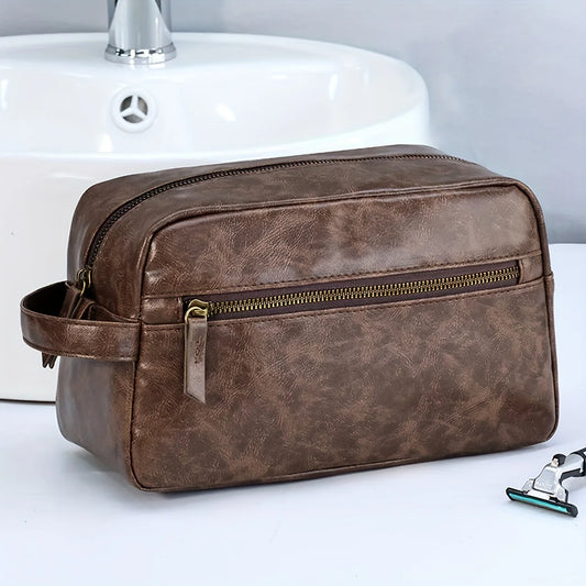 Grande Trousse de Toilette Voyage Cuir Brun avec Poignée
