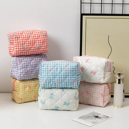 Trousse de Toilette Voyage en Tissu Beige à Carreaux avec Zip Bleu