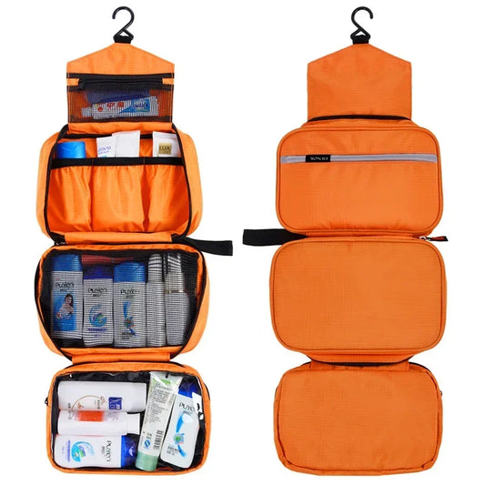 Grande Trousse de Toilette à Suspendre Polyester Orange avec 3 Compartiments