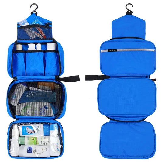 Trousse de Toilette à Suspendre en Tissu Bleu avec 3 Compartiments