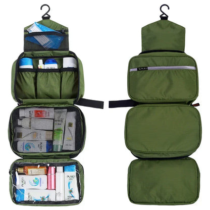 Grande Trousse de Toilette à Suspendre en Tissu Vert avec 3 Compartiments