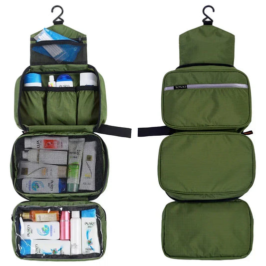Grande Trousse de Toilette à Suspendre en Tissu Vert avec 3 Compartiments