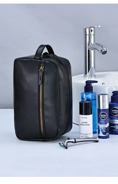 Trousse de Toilette Luxe Cuir Noir avec Poignée et Poche Zip