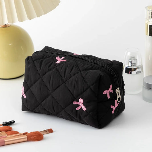 Trousse de Toilette Voyage en Tissu Noir avec Broderie Rose