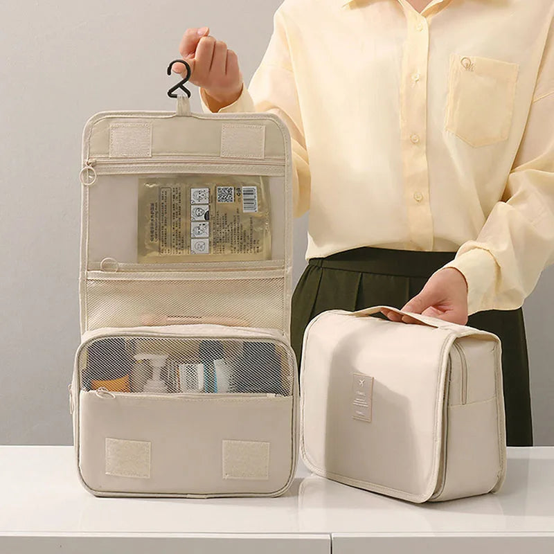 Trousse de Toilette Voyage Polyester Rose avec Crochet et Multi-Poches