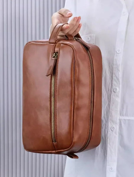 Grande Trousse de Toilette Voyage Cuir Marron Clair avec Poignée