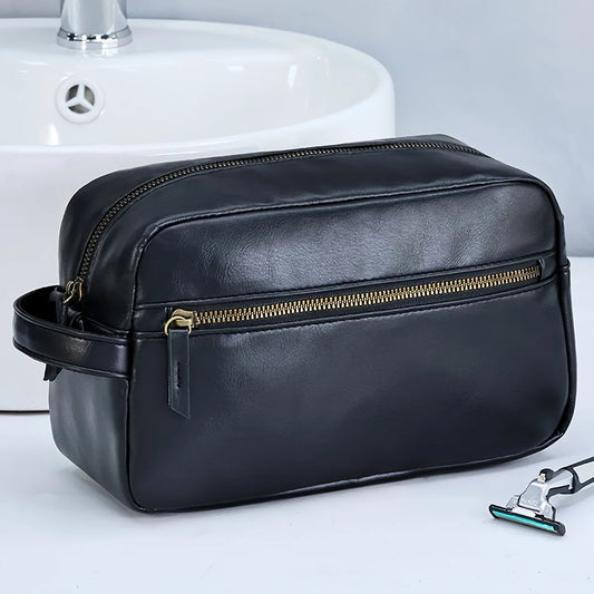 Trousse de Toilette Luxe Cuir Noir avec Poignée et Poche Zip