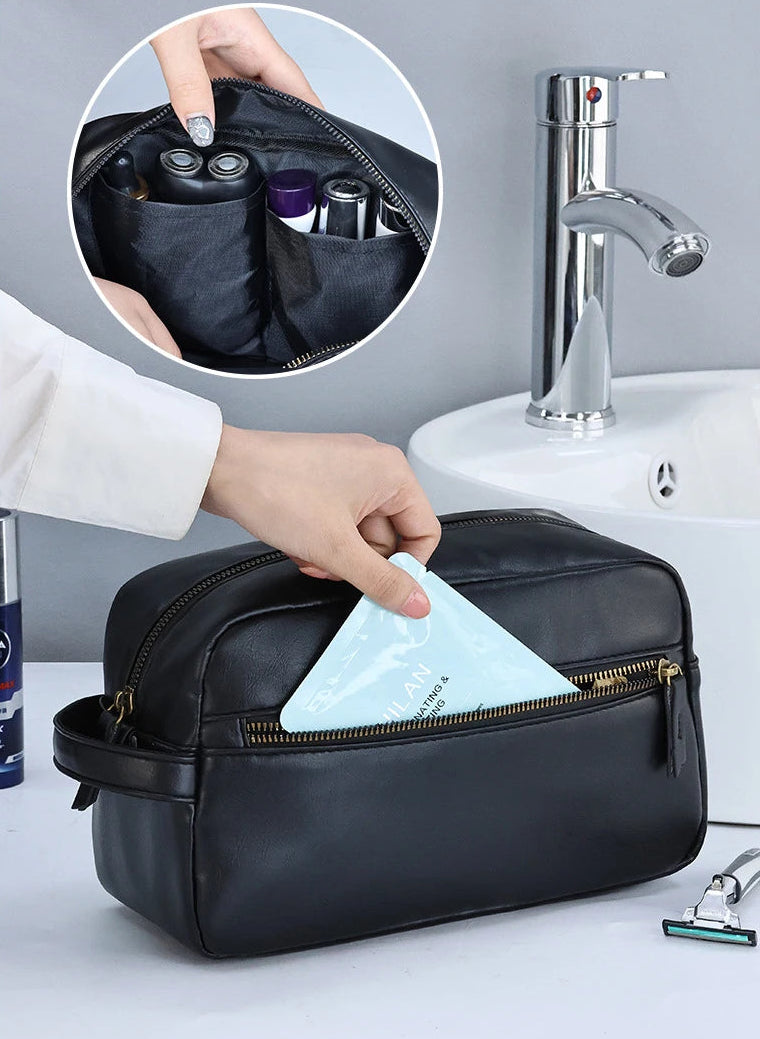 Trousse de Toilette Luxe Cuir Noir avec Poignée et Poche Zip