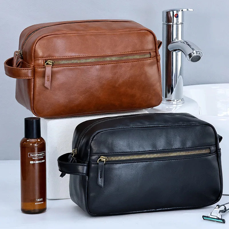 Grande Trousse de Toilette Voyage Cuir Marron Clair avec Poignée