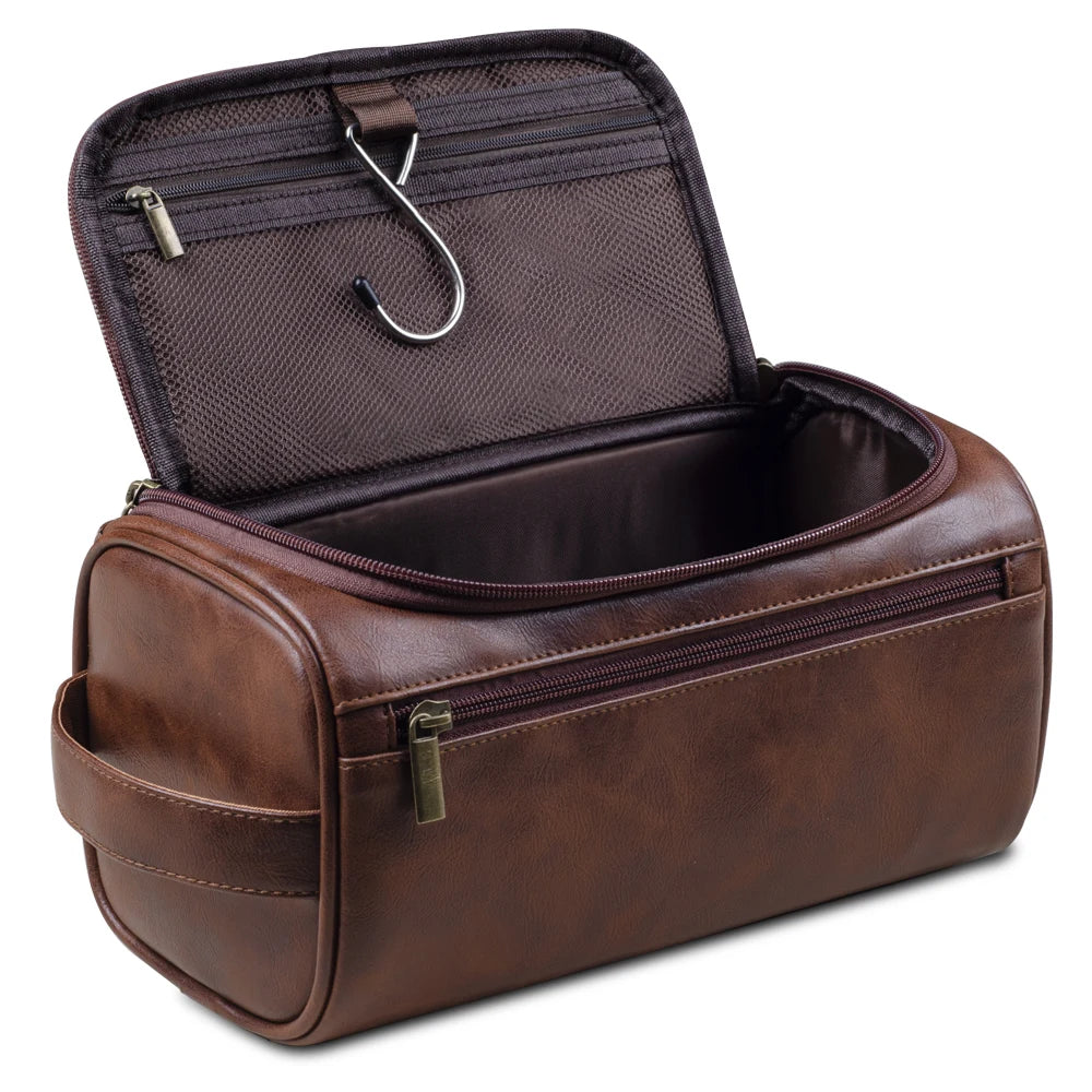 Grande Trousse de Toilette Voyage Cuir Marron avec Poignée et Zip Double