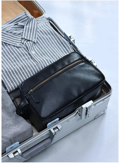 Trousse de Toilette Luxe Cuir Noir avec Poignée et Poche Zip