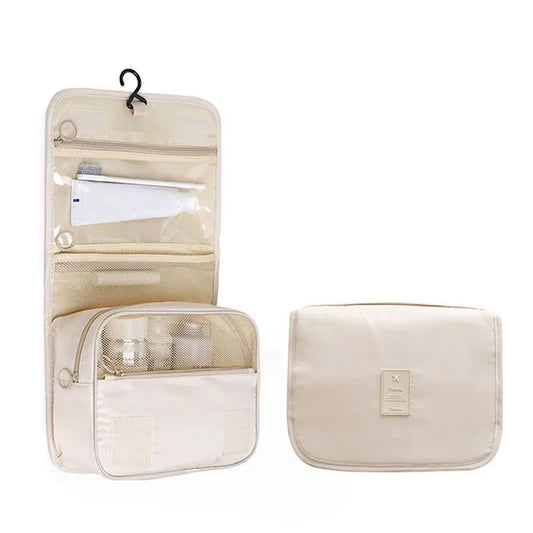 Grande Trousse de Toilette à Suspendre en Tissu Beige avec Crochet