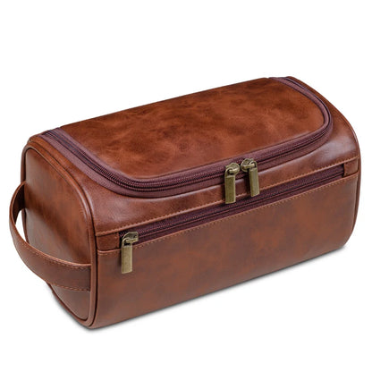 Grande Trousse de Toilette Voyage Cuir Marron avec Poignée
