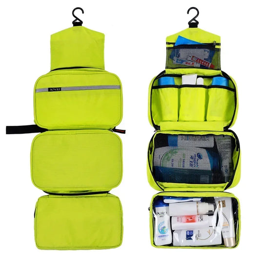 Grande Trousse de Toilette à Suspendre en Tissu Vert avec 3 Compartiments