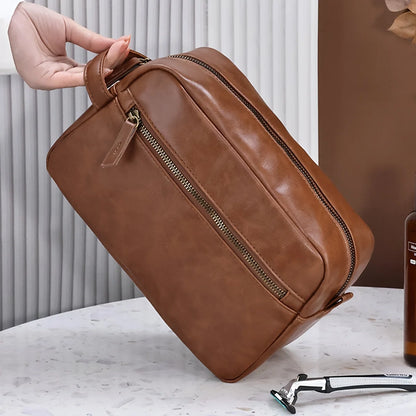 Grande Trousse de Toilette Voyage Cuir Marron Clair avec Poignée