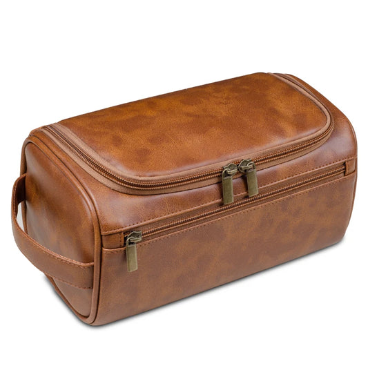 Grande Trousse de Toilette Voyage Cuir Marron avec Poignée