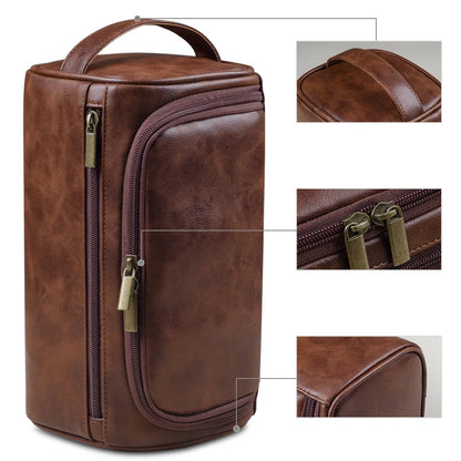 Grande Trousse de Toilette Voyage Cuir Marron avec Poignée et Zip Double