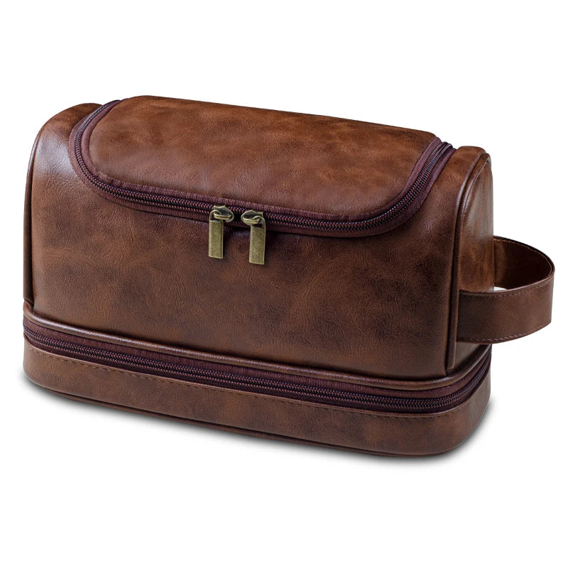 Grande Trousse de Toilette Voyage Cuir Marron avec Poignée