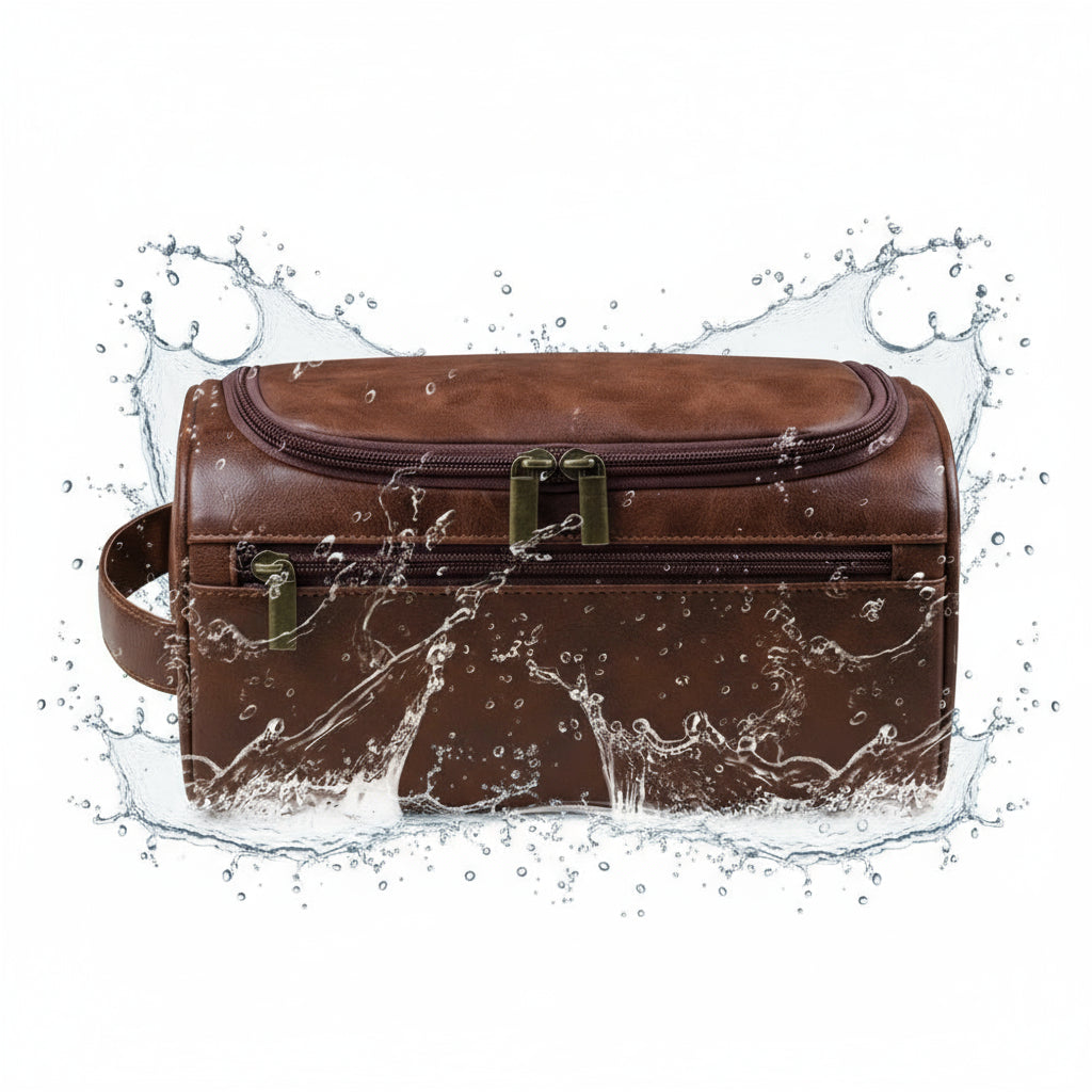 Grande Trousse de Toilette Voyage Cuir Marron avec Poignée et Zip Double