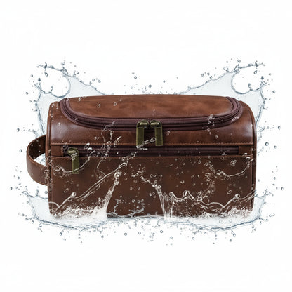 Grande Trousse de Toilette Voyage Cuir Marron avec Poignée et Zip Double
